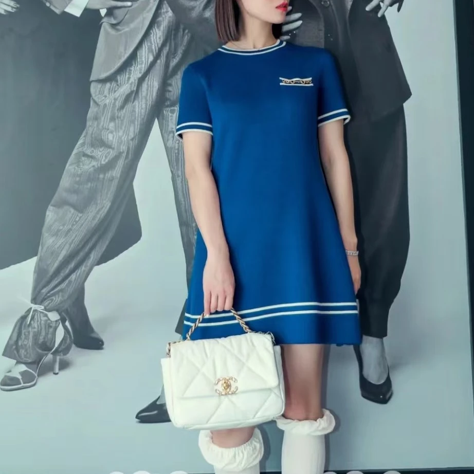 全新未使用 GUCCI/古驰 拼色条纹徽标短袖连衣裙/XXS