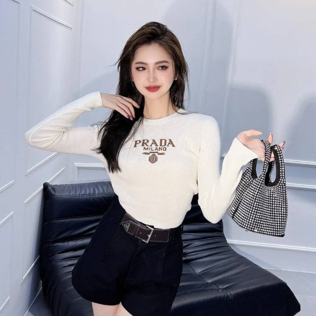 全新未使用 Prada/普拉达 徽标圆领长袖针织衫 白色/40