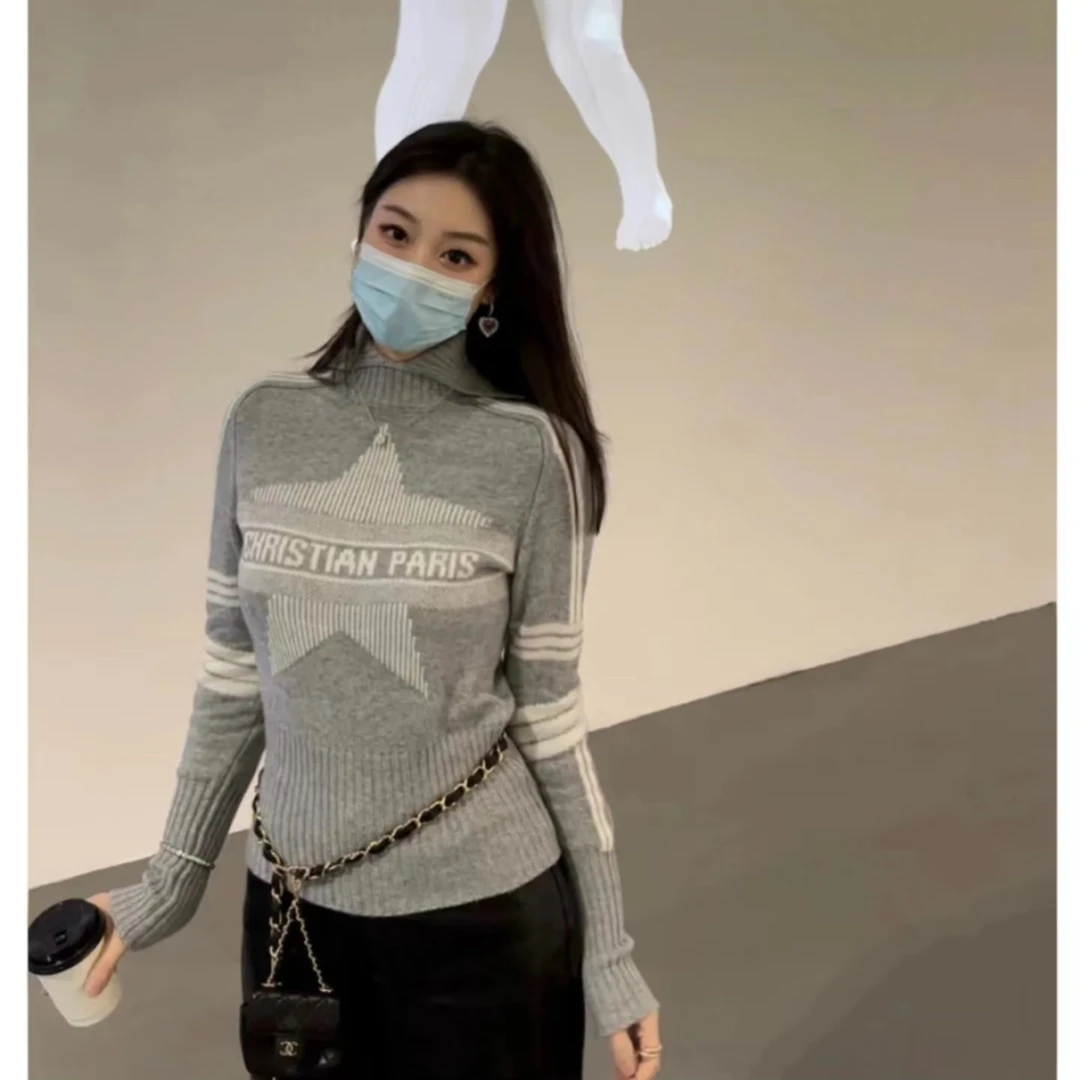 未使用 DIOR/迪奥 高领条纹嵌花修身毛衣/38码