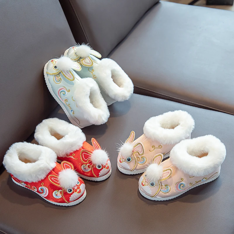 冬季女童汉服鞋子加绒儿童绣花鞋古风可爱宝宝公主鞋古装加厚棉鞋