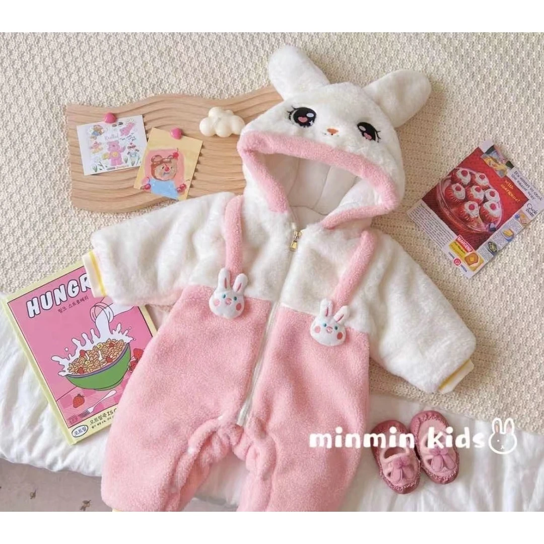 韩版女宝宝必备可爱萌趣兔帽假背带厚棉哈衣外穿长爬