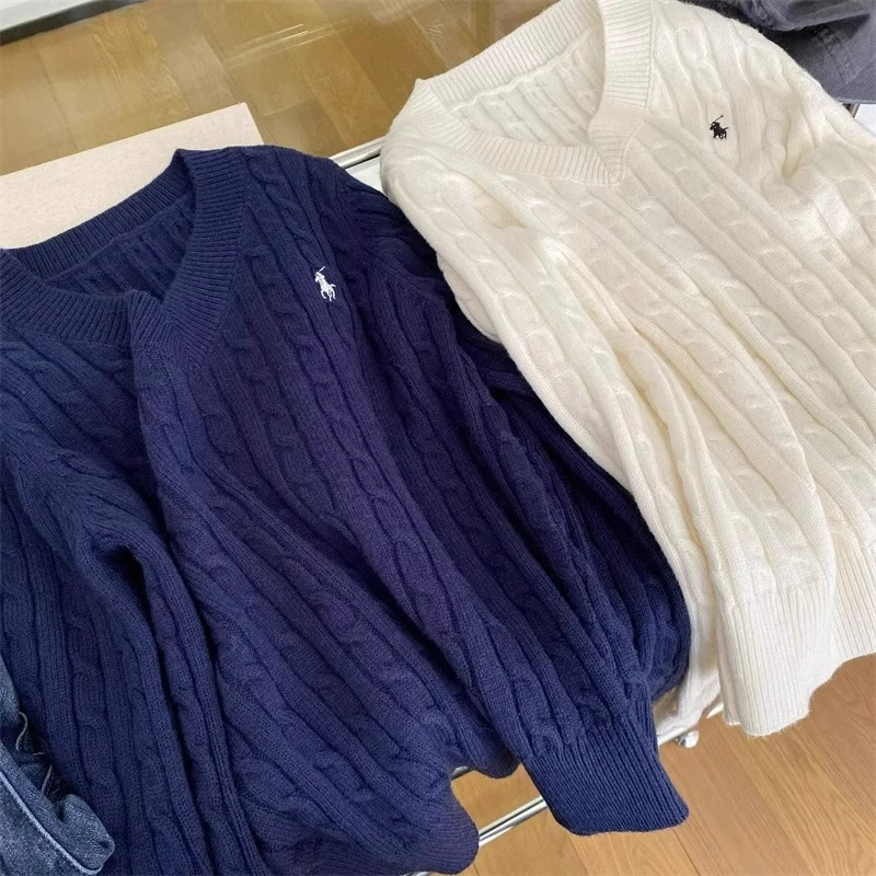 奶油麻花复古刺绣V领长袖针织毛衣女秋冬季软糯宽松慵懒风上衣