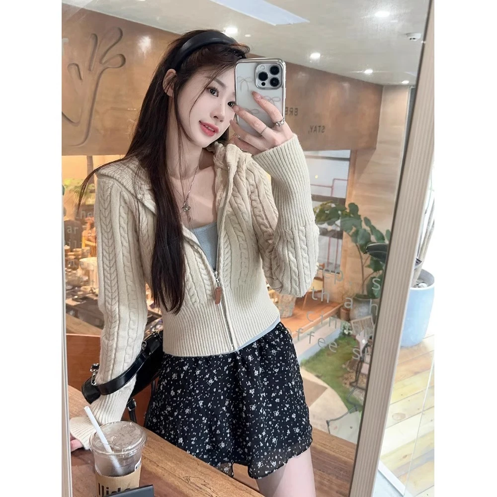 麻花连帽针织开衫秋冬新款拉链毛衣小个子修身毛衣外套女开衫外搭