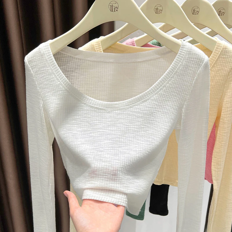 春秋季新款白色气质大圆领长袖修身打底衫女薄款柔软竹节棉T恤女