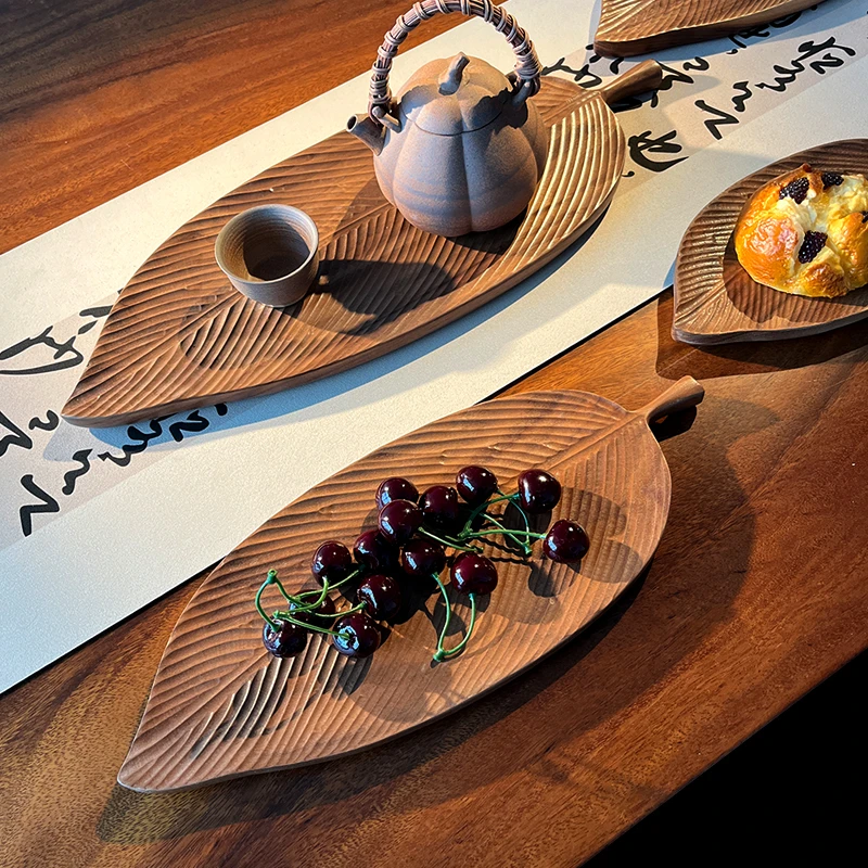 中式树叶型托盘黑胡桃整木质日式家用干泡盘不规则茶杯盘实木茶盘
