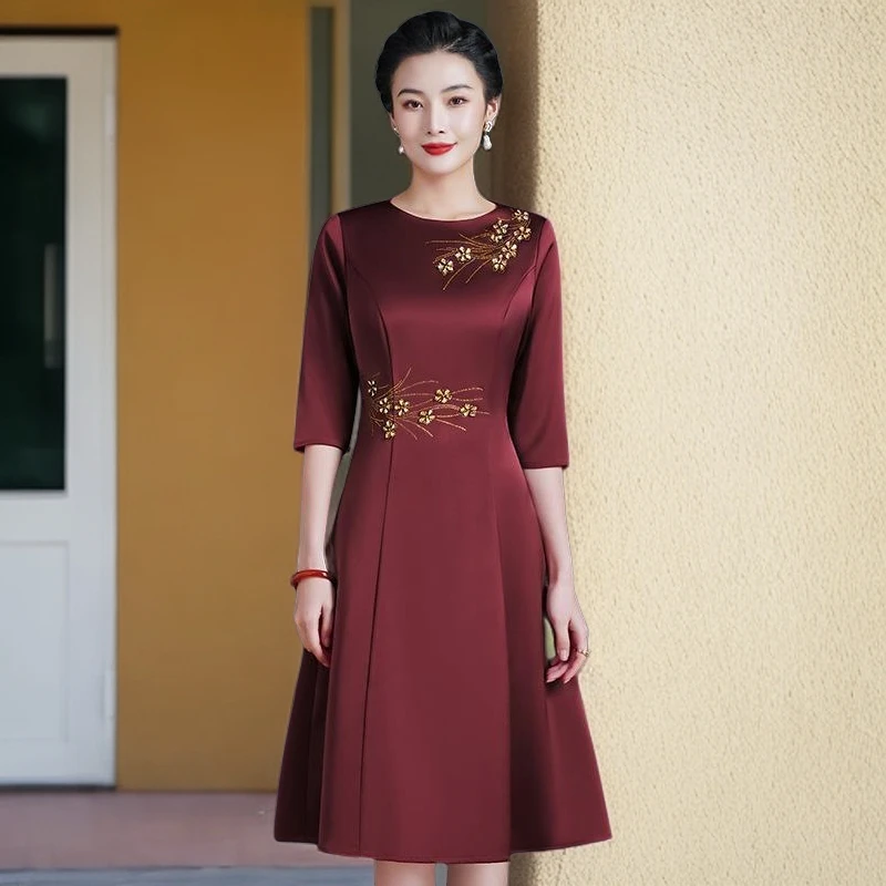 春厦高端气质女装红色中长裙喜婆婆妈妈装结婚礼服连衣裙2024新款