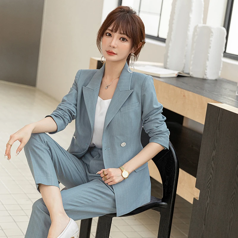 漫凌9392灰蓝色工装条纹职业西装套装女职业装气质时尚两件套高端