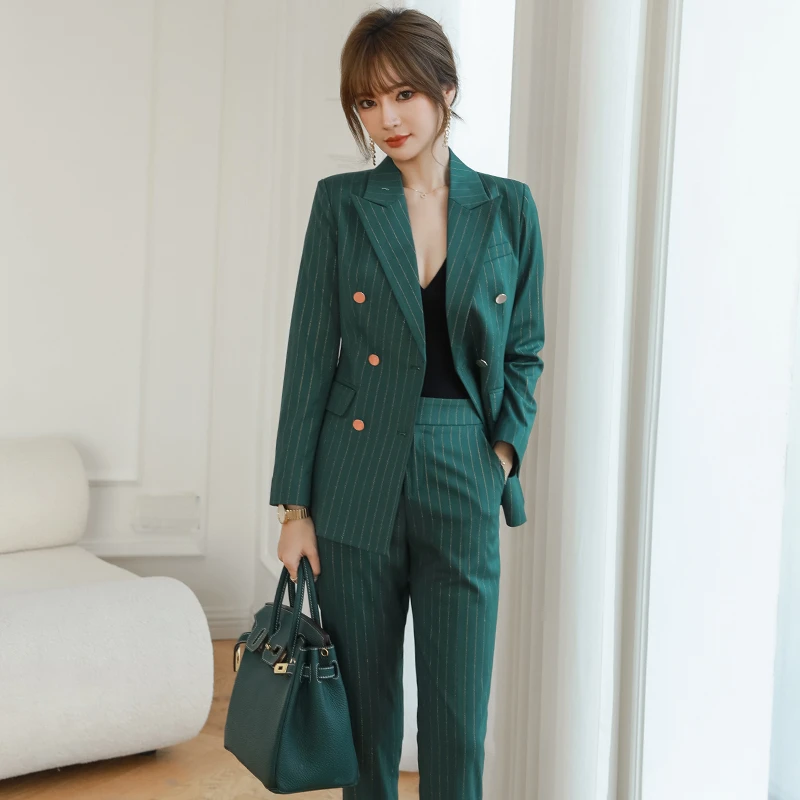 漫凌9189绿色西装女新款复古名媛气质金线条纹双排扣两件套装