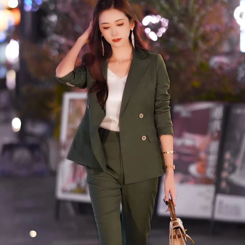 漫凌9575绿色西装女秋冬新款名媛女神范韩版双排扣显瘦西服套装