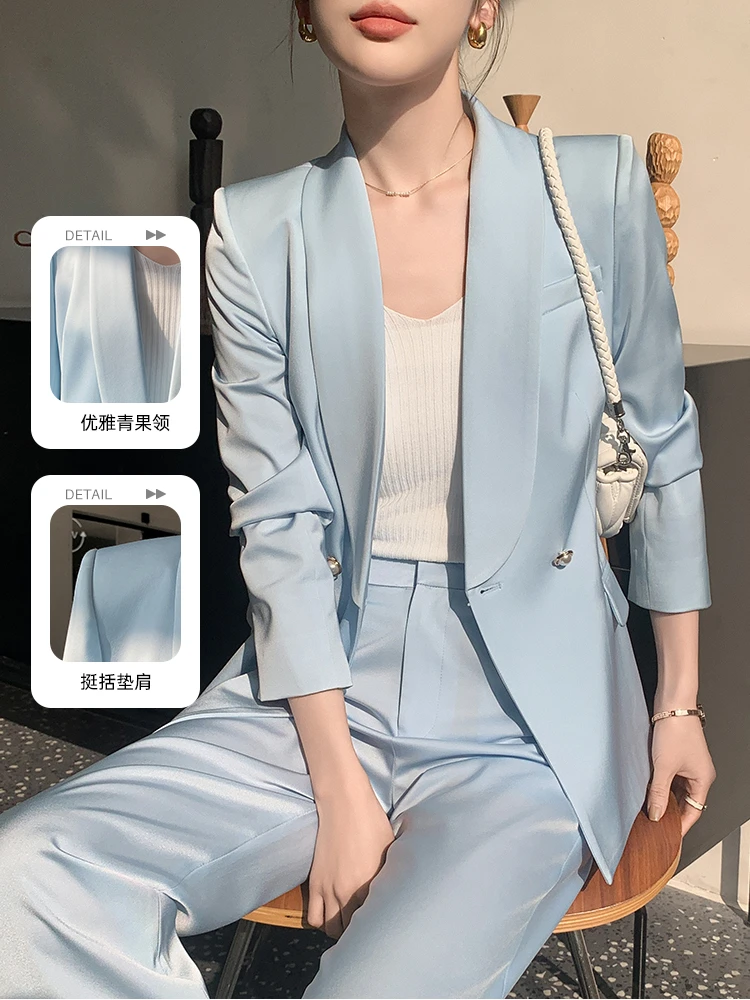 漫凌9611蓝色高级感小西装外套女时尚高端休闲青果领职业西服套装