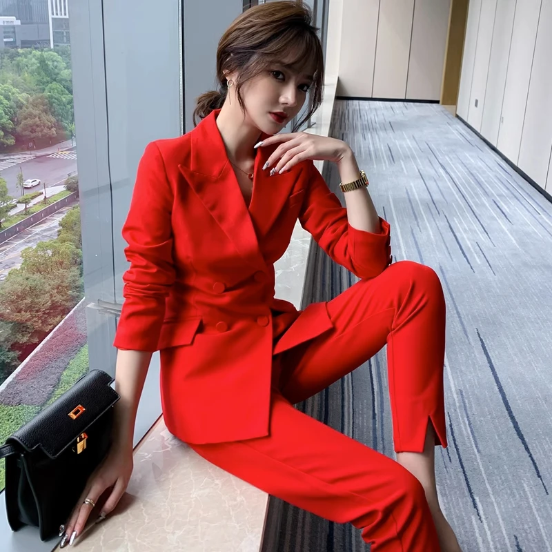 漫凌9252红色西装女新款气质通勤两件套简约修身西服套装