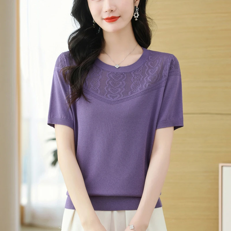 天丝短袖t恤女短款洋气上衣夏季2024新款时尚夏装薄款体恤针织衫