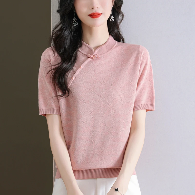 短袖t恤女士新款夏季国风立领冰天丝针织体恤新中式上衣洋气小衫