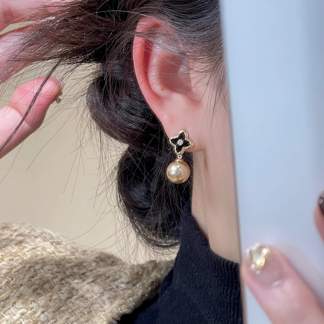 925银针耳饰 W207珠珠流苏黑色简约耳钉ins雅丹风