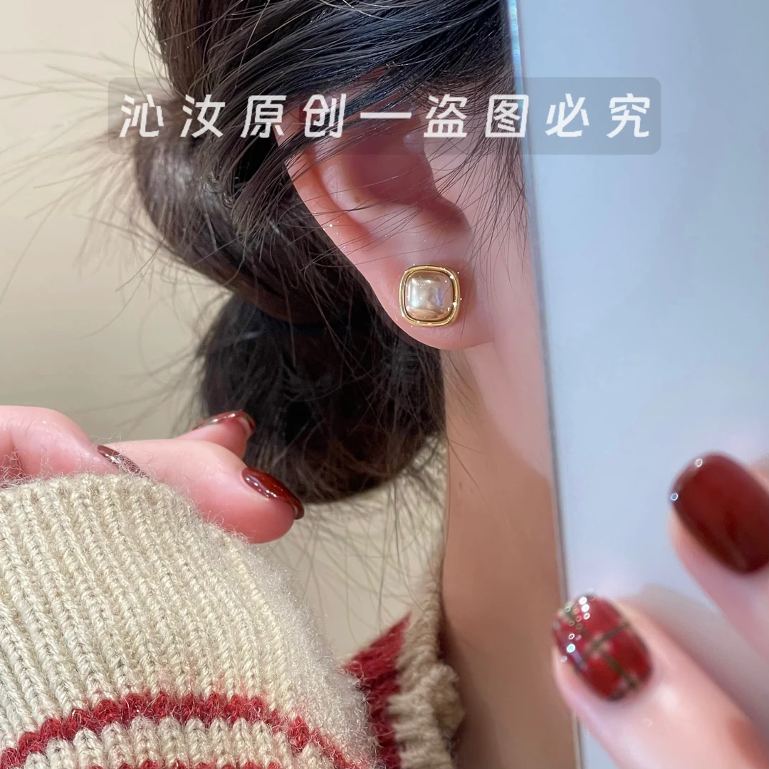 925银针耳饰 D808香槟色方形珠珠耳钉轻奢高级温柔