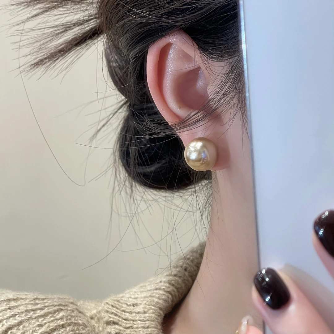 925银针耳饰 D686香槟金珠珠耳钉小众轻奢百搭