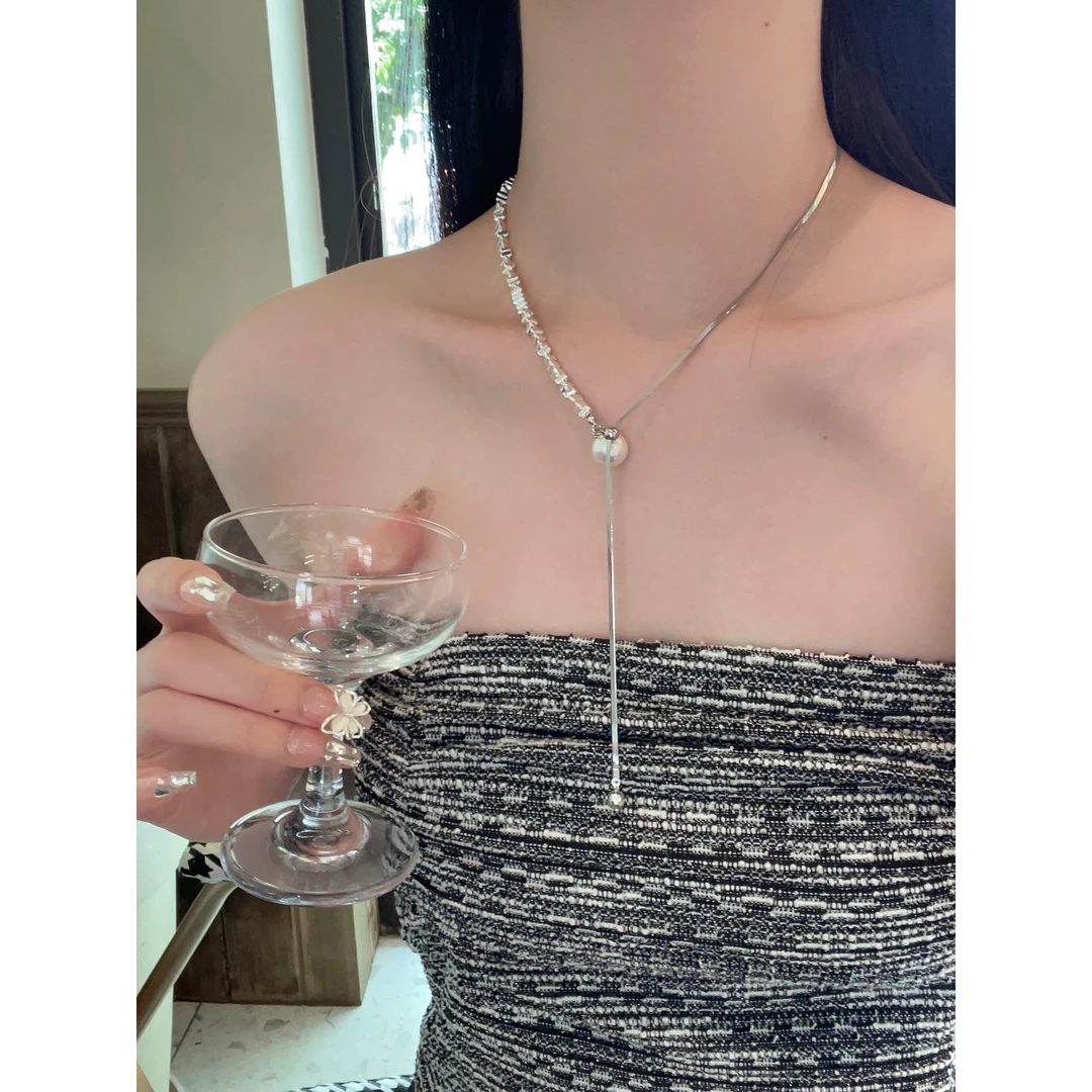 钛钢项链 C507碎银抽拉珠珠流苏项链简约小众轻奢高级气质锁骨链