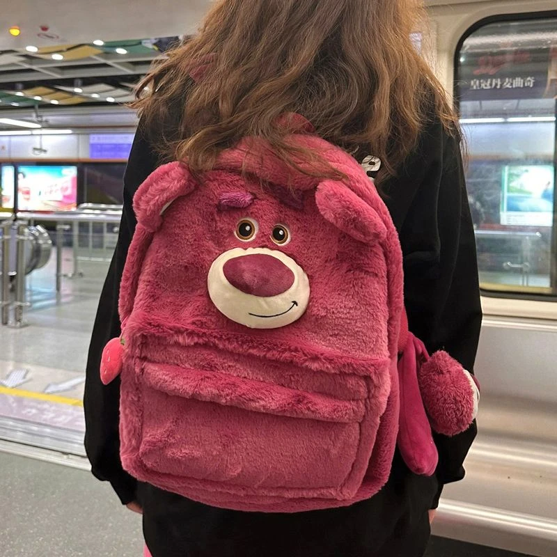卡通苏利文立体搞怪书包可爱草莓熊三眼仔毛绒书包大容量双肩包