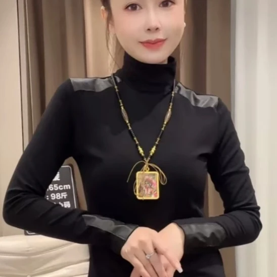 高级气质拼接PU皮袖打底衫女秋冬高领修身显瘦长袖时尚上衣