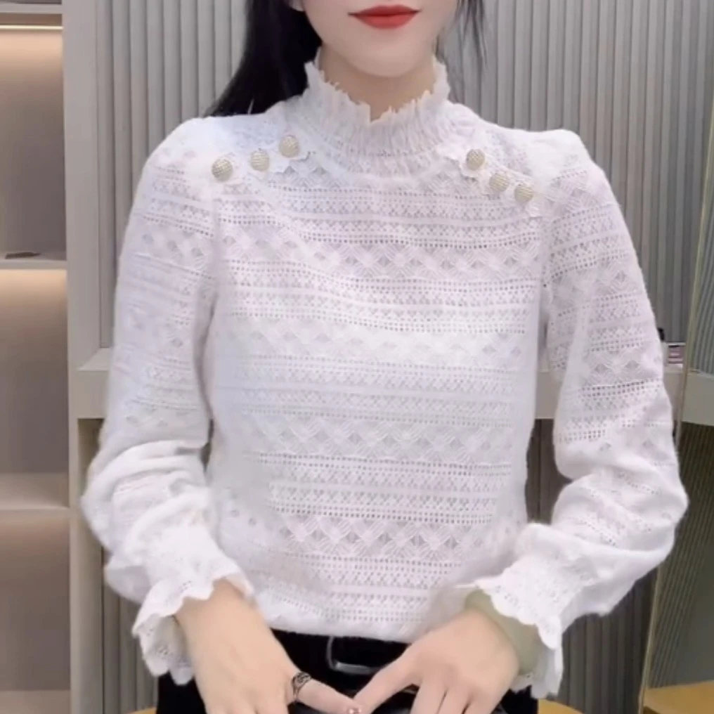秋冬季新款定制织花植绒蕾丝肩扣设计长袖打底衫纯色显瘦气质上衣