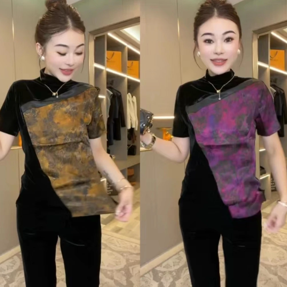 欧洲站2024夏新款时尚高领t恤女薄款丝绒上衣显瘦撞色印花打底衫