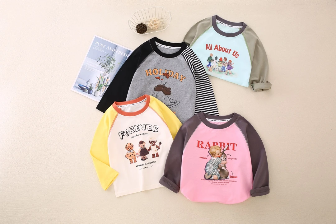 女童洋气2024秋季纯棉儿童打底衫长袖撞色T恤衫韩版卡通插肩上衣