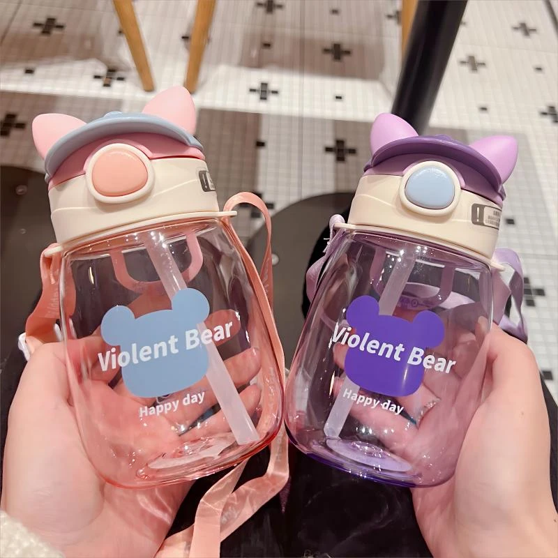 可爱帽帽熊儿童水壶韩版防摔吸管杯便携户外小学生水杯幼儿园塑料
