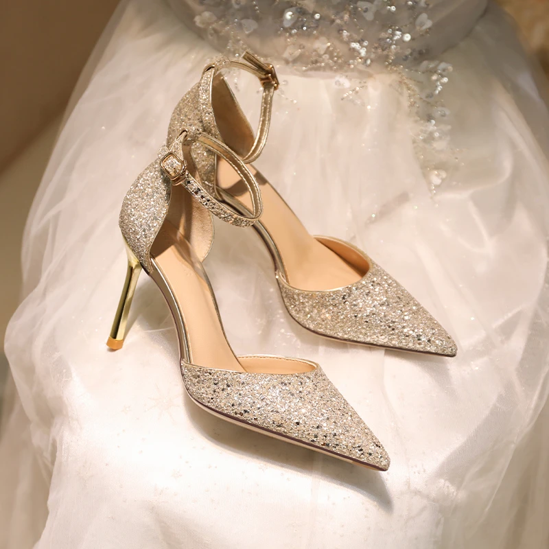 香槟色新娘鞋婚鞋秀禾主婚纱两穿水晶鞋结婚订婚法式细跟高级感女