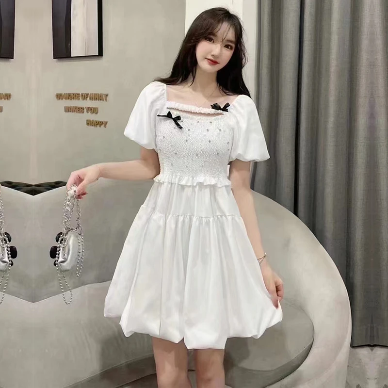 时尚夏季新款甜美淑女短袖裙子高腰修身蝴蝶结打底镂空方领连衣裙