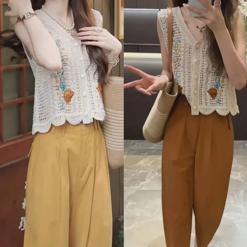 2024夏季新款小个子穿搭复古提花无袖背心针织上衣高腰休闲阔腿裤