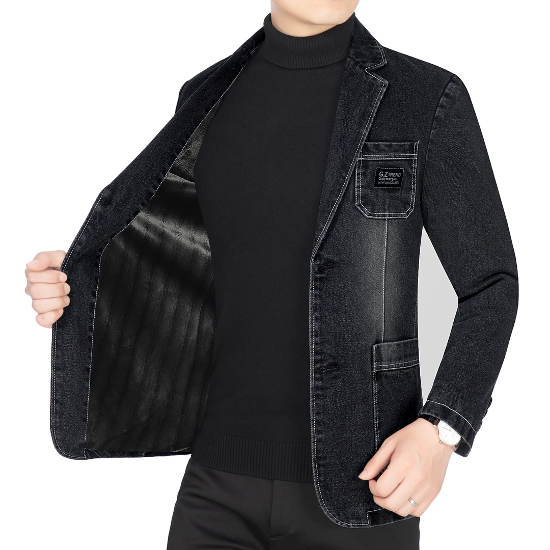 春秋冬棉牛仔西装外套男中年商务休闲男士西服时尚男装外套