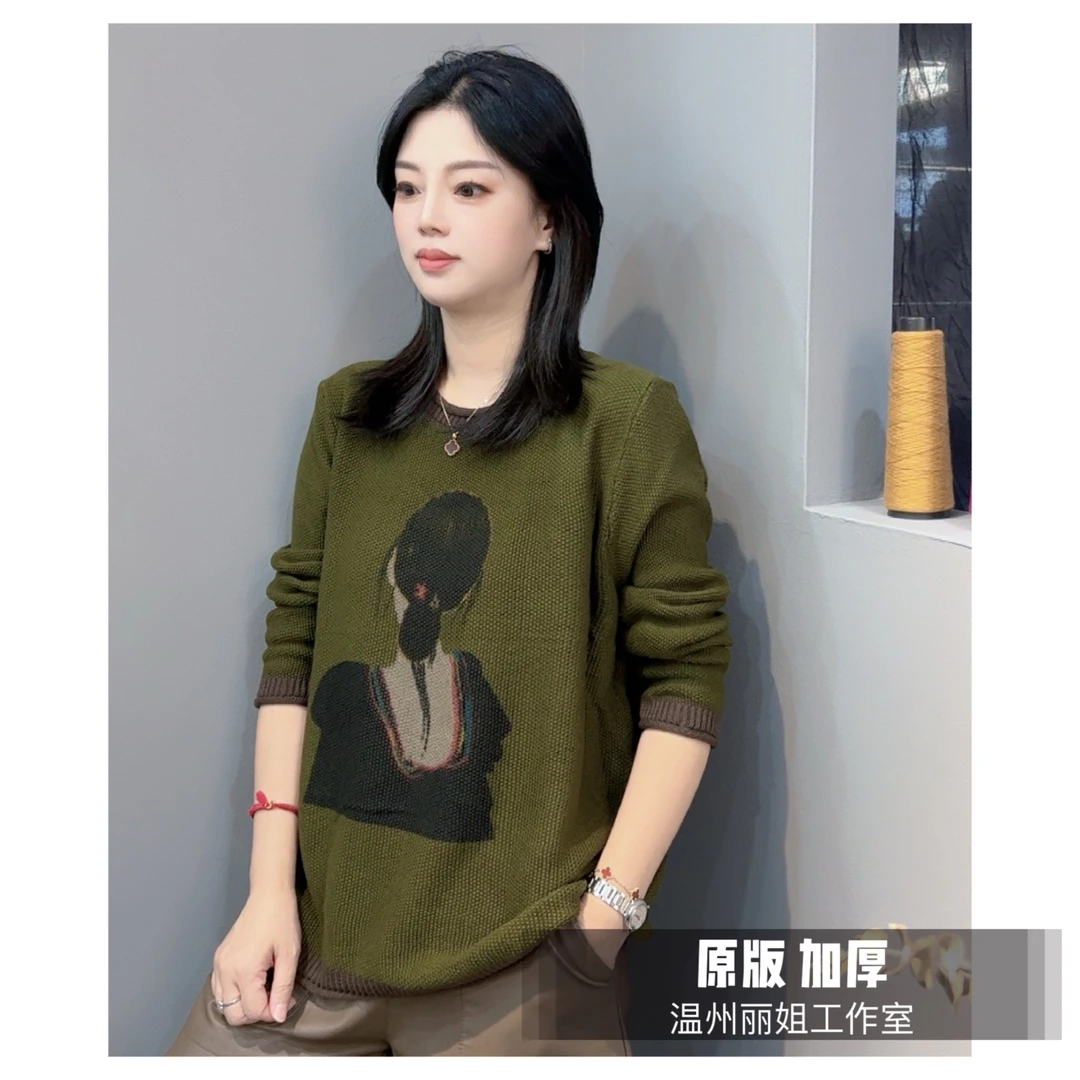 淑女背影印花加厚棉纱棉线百搭减龄显瘦上衣