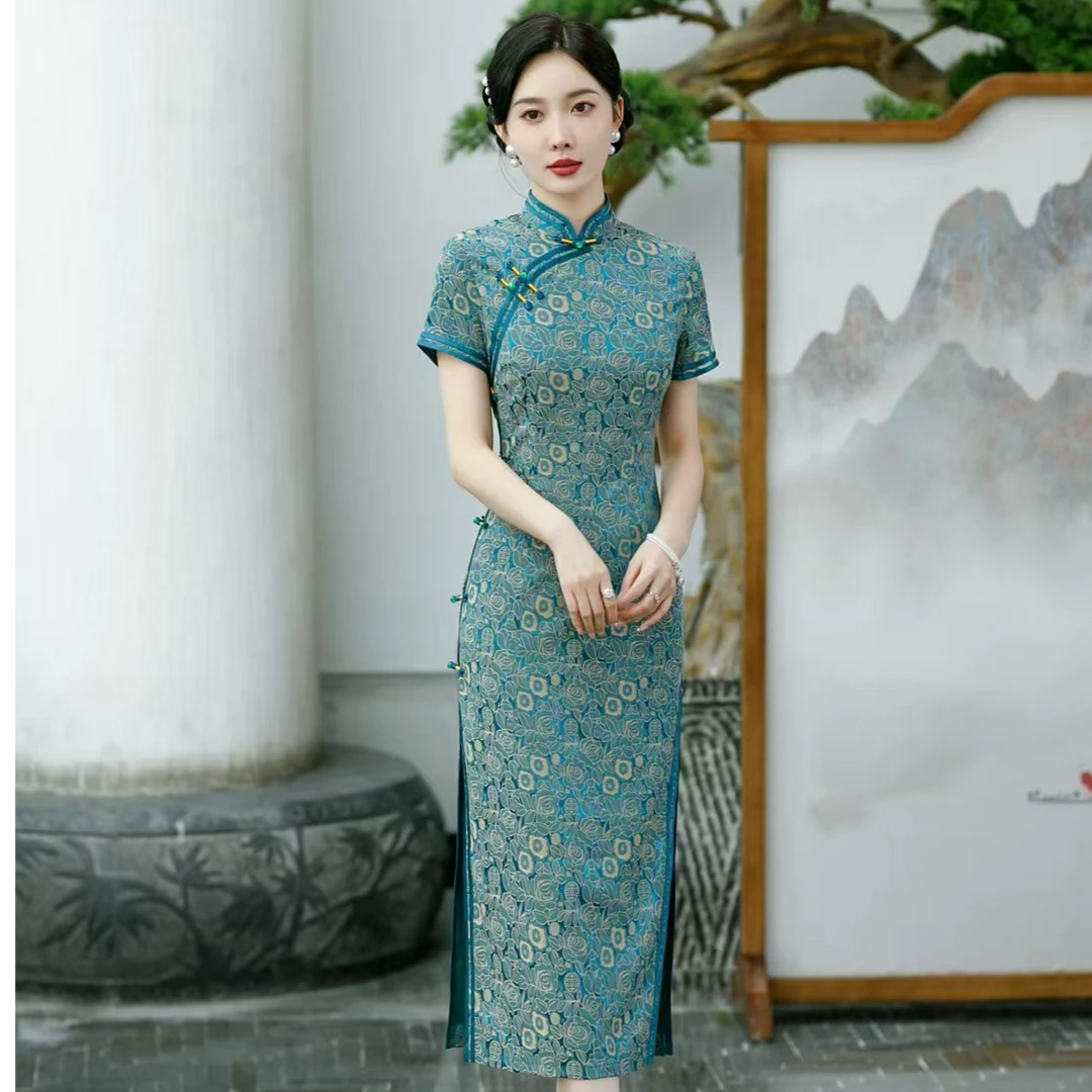 MS00049新款提花中国风双丝锦旗袍衣长120