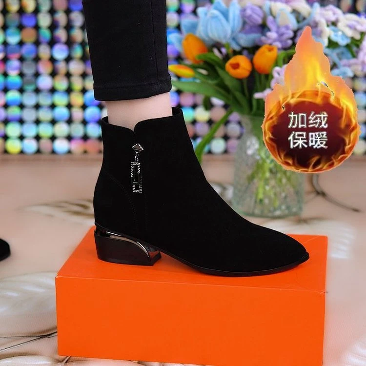 现货短靴女2024新款秋冬季粗跟中跟软皮磨砂绒面女鞋圆头加绒皮鞋