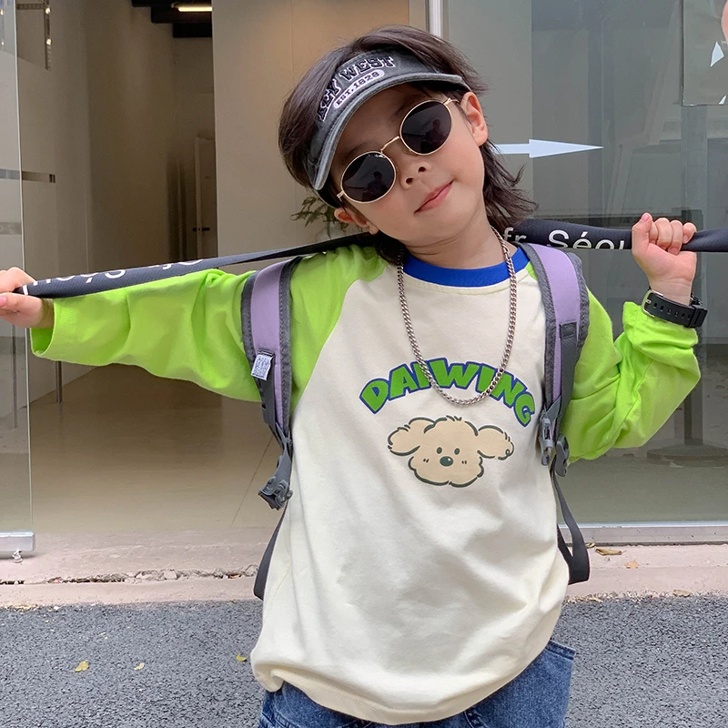 小小郑儿童2025春秋装棉质薄款可爱狗狗洋气宝宝男童T插肩袖长袖