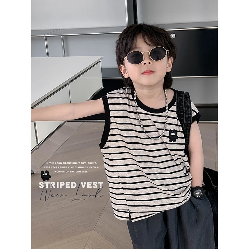 小小郑童装儿童背心夏季薄款韩版小怪兽刺绣奶咖条纹男童无袖T恤