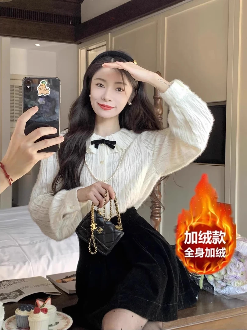 法式荷叶边娃娃领宽松蕾丝衬衫女秋冬内搭打底小衫上衣