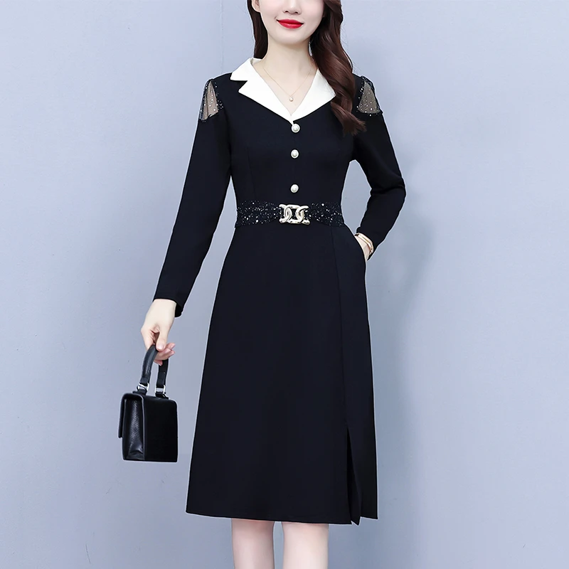 K8911#西装领连衣裙2023秋冬高端女神范气质收腰显瘦中长款裙子