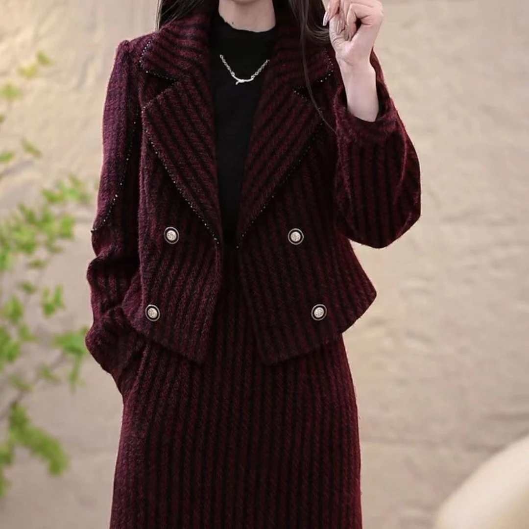 9638#时尚女装套装冬季加厚新款中长款连衣裙百搭外套两件套套装