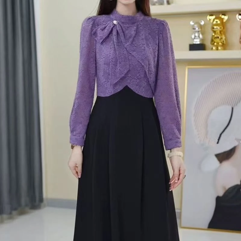 高端紫色优雅时尚精致秋季新款显瘦拼接洋气中长款连衣裙