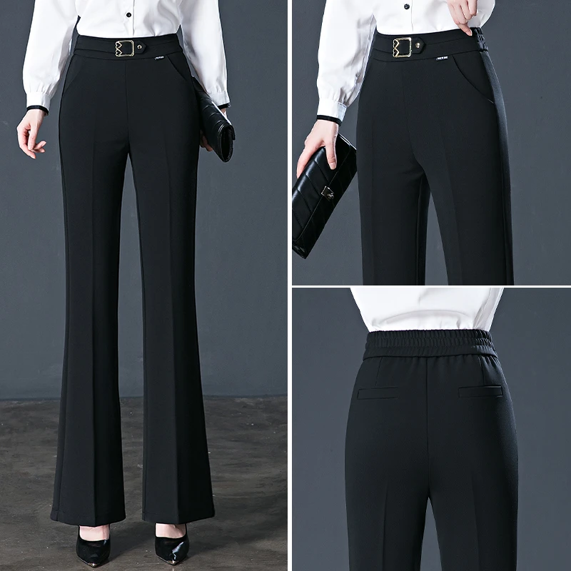 春秋季新款修身休闲松紧腰黑色休闲直筒微喇裤9802#