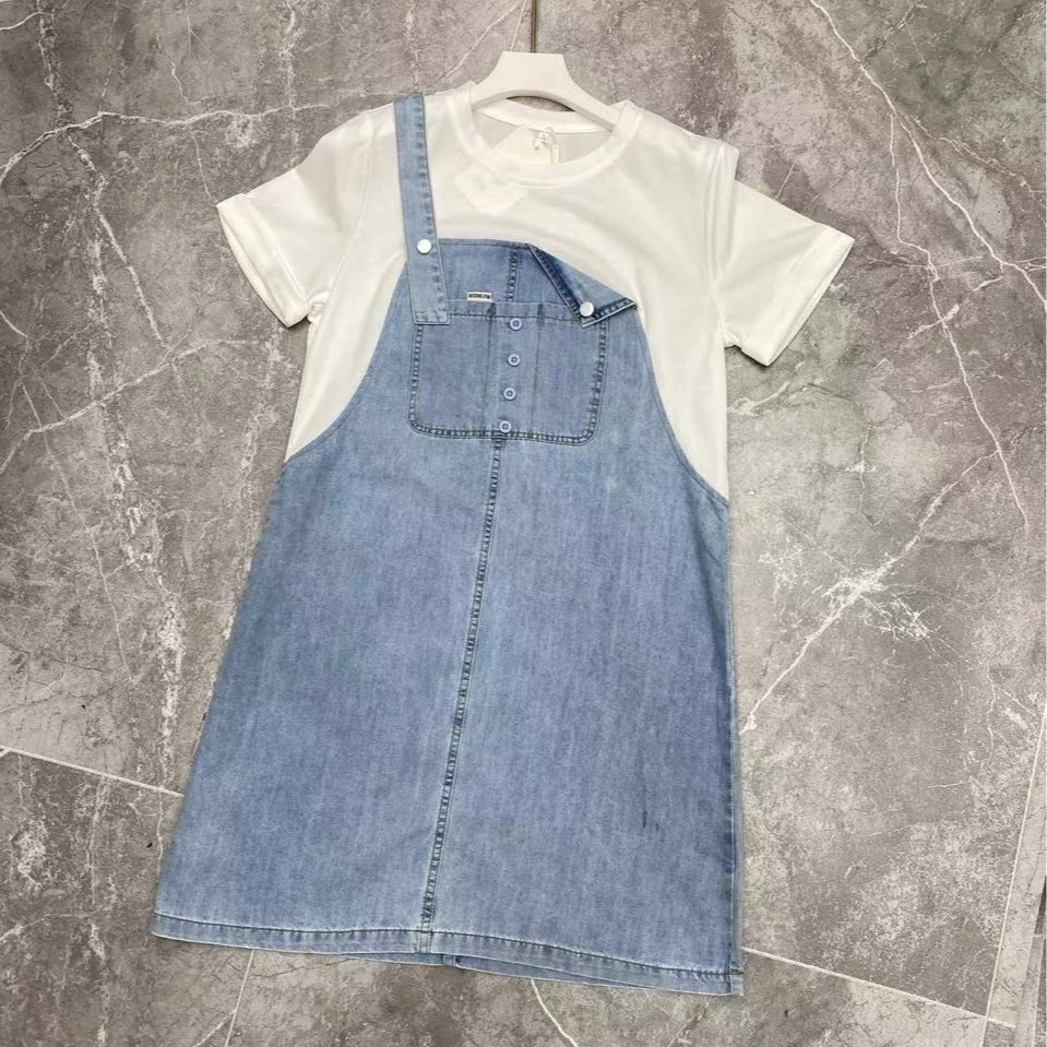 夏季新款短袖背带假两件休闲显瘦百搭简约连衣裙78003#