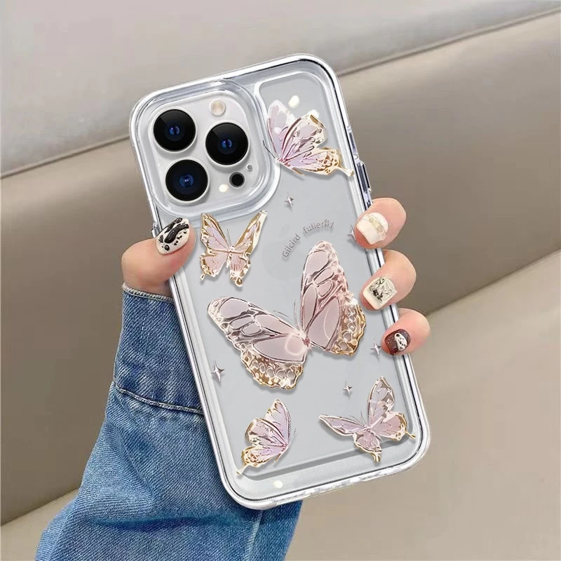 ins网红蝴蝶苹果15/14promax女款透明13全包12镜面11电镀xs手机壳
