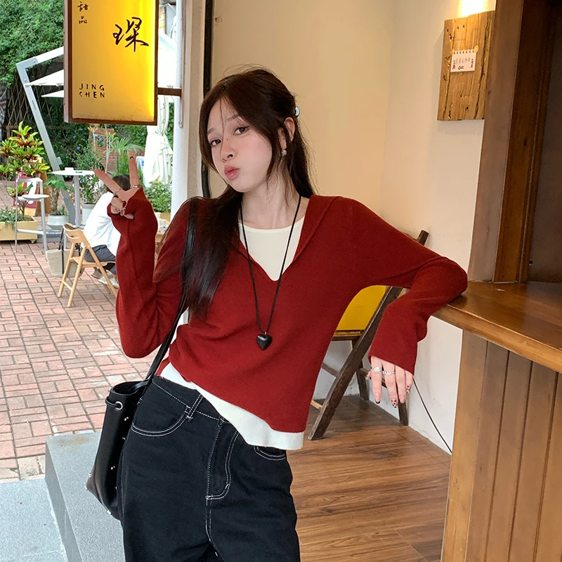 2025新款爆款长袖休闲连帽假两件针织衫内搭外穿洋气休闲女装