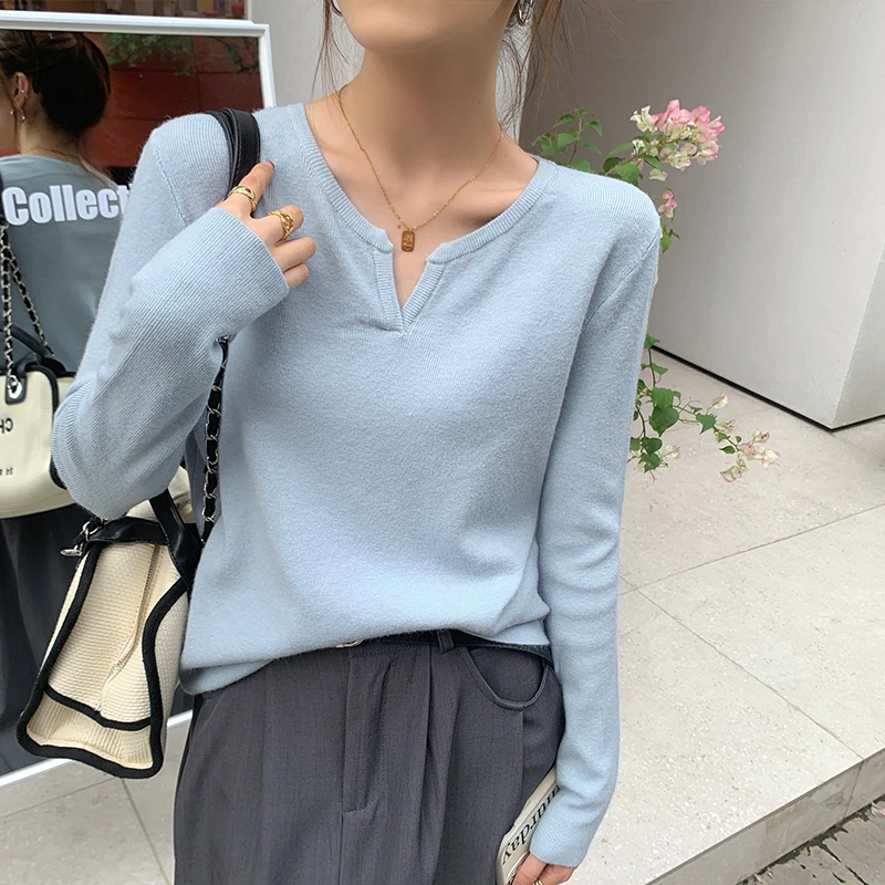 早春新款2025长袖洋气气质百搭针织衫小v领打底衫设计感小众上衣