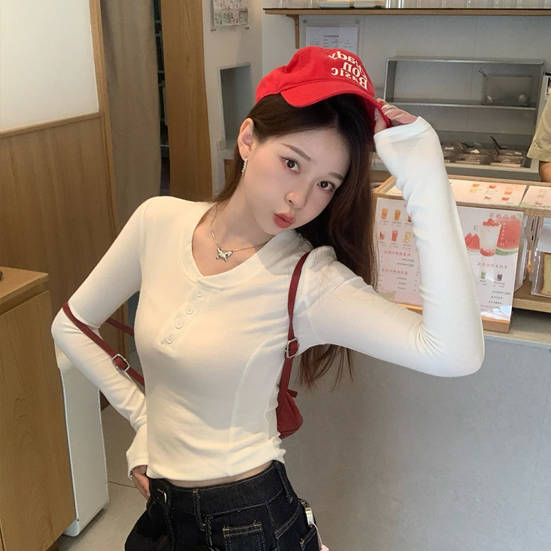 新款鱼骨长袖T恤2025新款早春显瘦上衣百搭修身设计感洋气小众ins