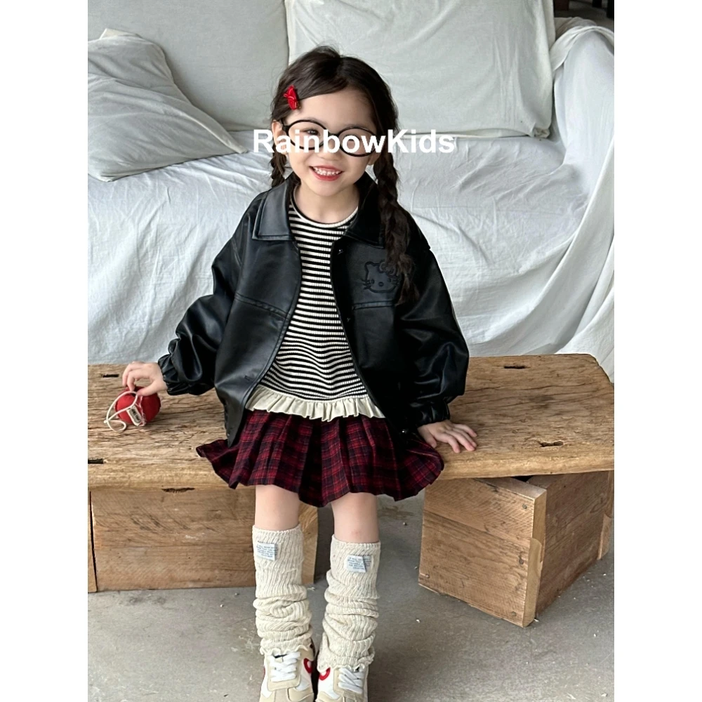 【Rainbow】2024秋季儿童皮衣红色格子裙套装-66109