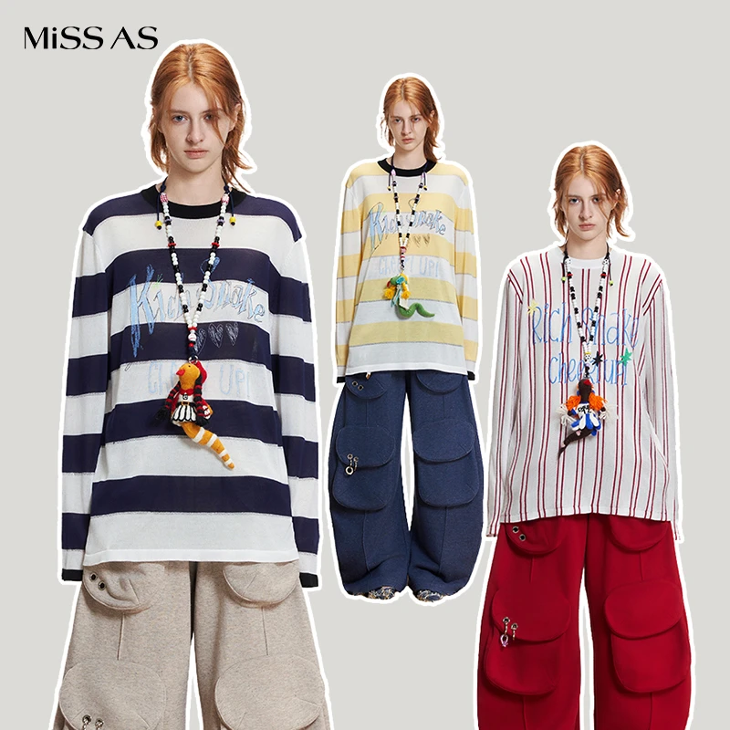 【CHEERi UPi】休闲百搭小蛇乐乐戳条纹圆领长袖毛衫上衣