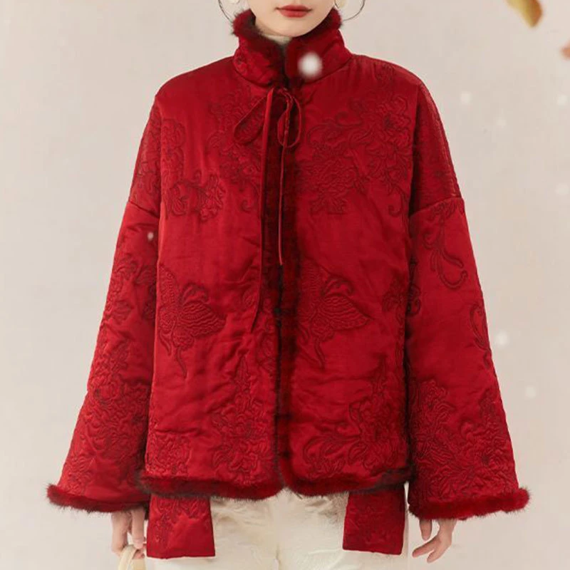 中式上衣外套秋冬新款文艺气质国风复古外套唐装保暖红色中式棉服