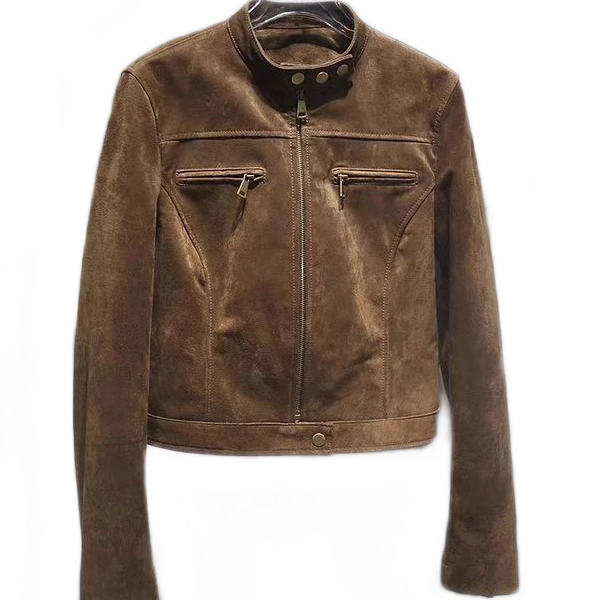 海宁高档短款真皮女士皮衣春秋皮衣外套绒面皮衣时尚修身立领